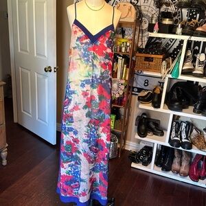 Staring at Stars floral and royal blue maxi dress sheer lightweight v-neck szM